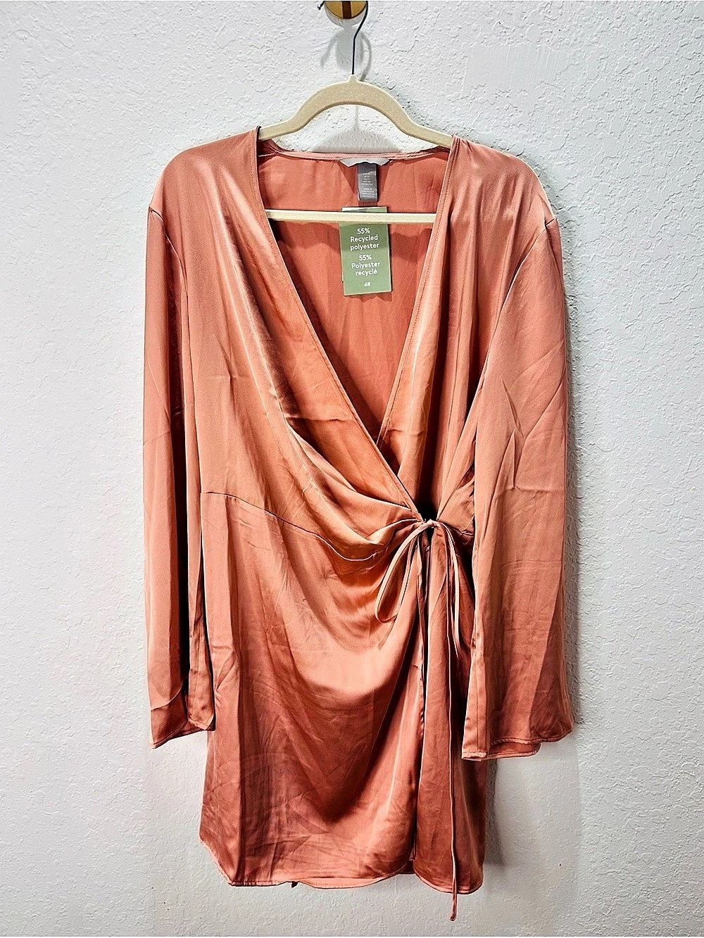H&M Satin Wrap Dress Tie Front in Blush XL NWT